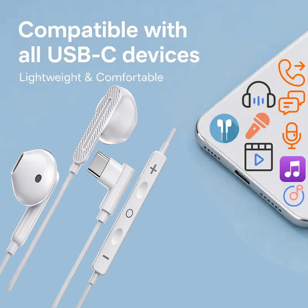 Type C Wired Earphones With Mic - 1 paire d’écouteurs filaires USB-C, écouteurs